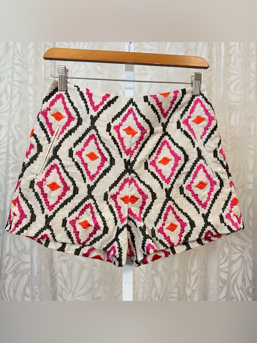 Ann Taylor Loft 100% Linen Shorts with Geometric Embroidery